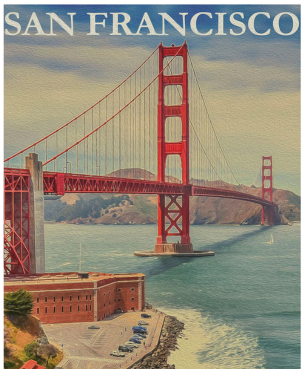 A painting of the Golden Gate Bridge.
